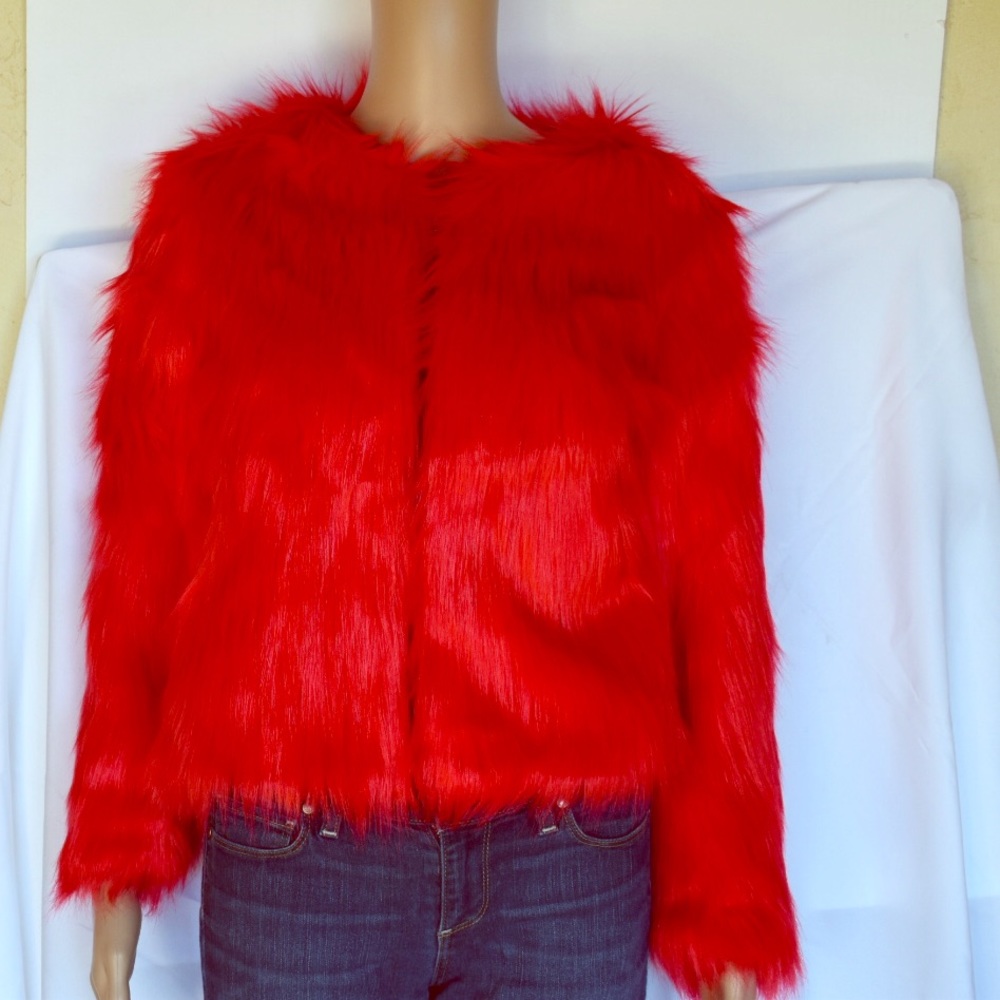 Fur Rabbit Ladies Faux Fox  Jacket Short Red Coat